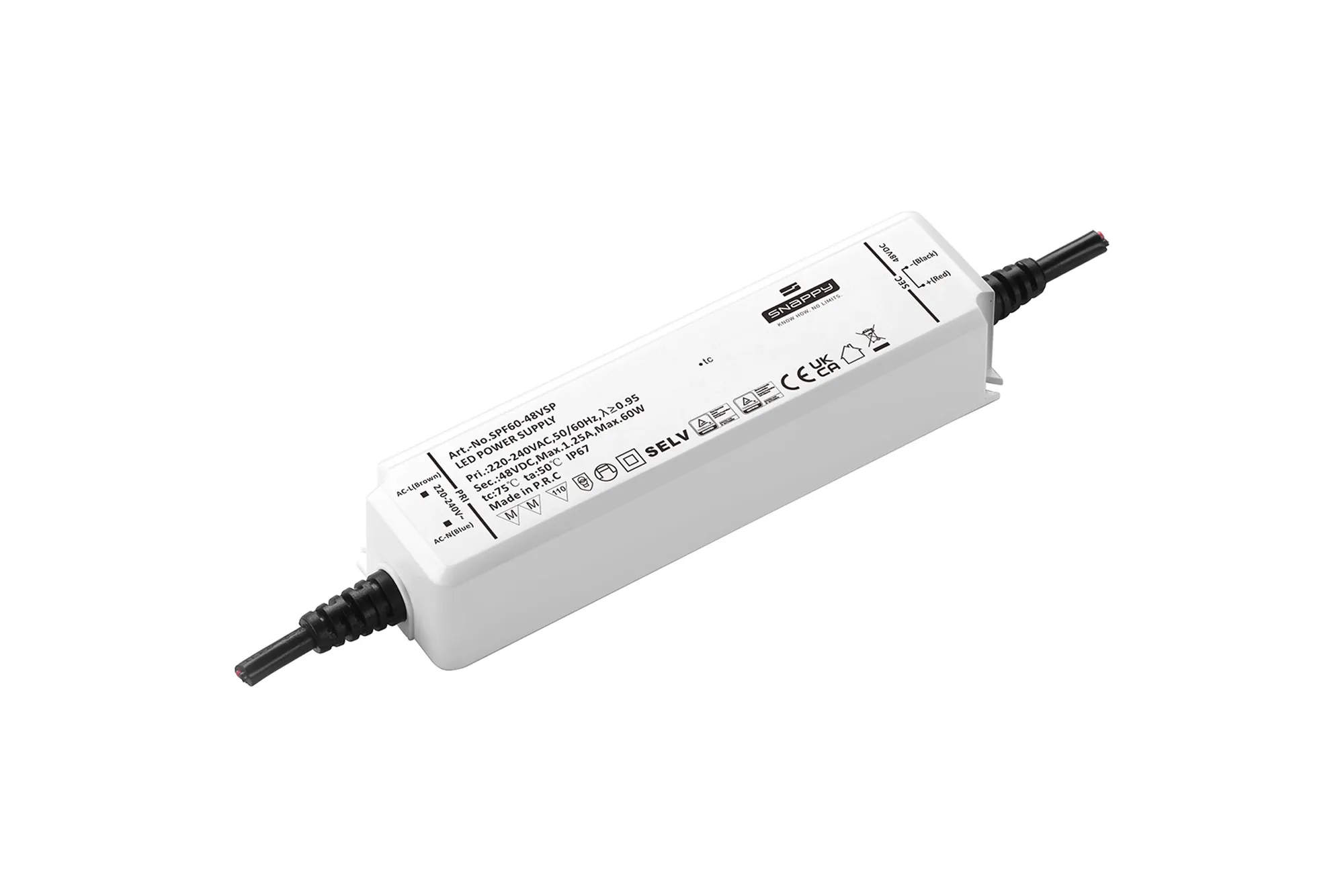 SPF60-48VSP  60W, Constant Voltage Non Dimmable LED Driver, 48VDC, 1.25A, Input 200-240VAC 50/60Hz, IP67.